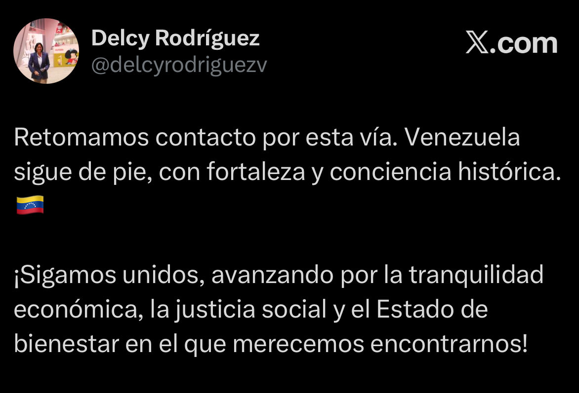 ReporteYa's tweet image. #13Ene #DelcyEnX 
@delcyrodriguezv Retomamos contacto por esta vía. Venezuela sigue de pie, con fortaleza y conciencia histórica. 🇻🇪

¡Sigamos unidos, avanzando por la tranquilidad económica, la justicia social y el Estado de bienestar en el que merecemos encontrarnos!