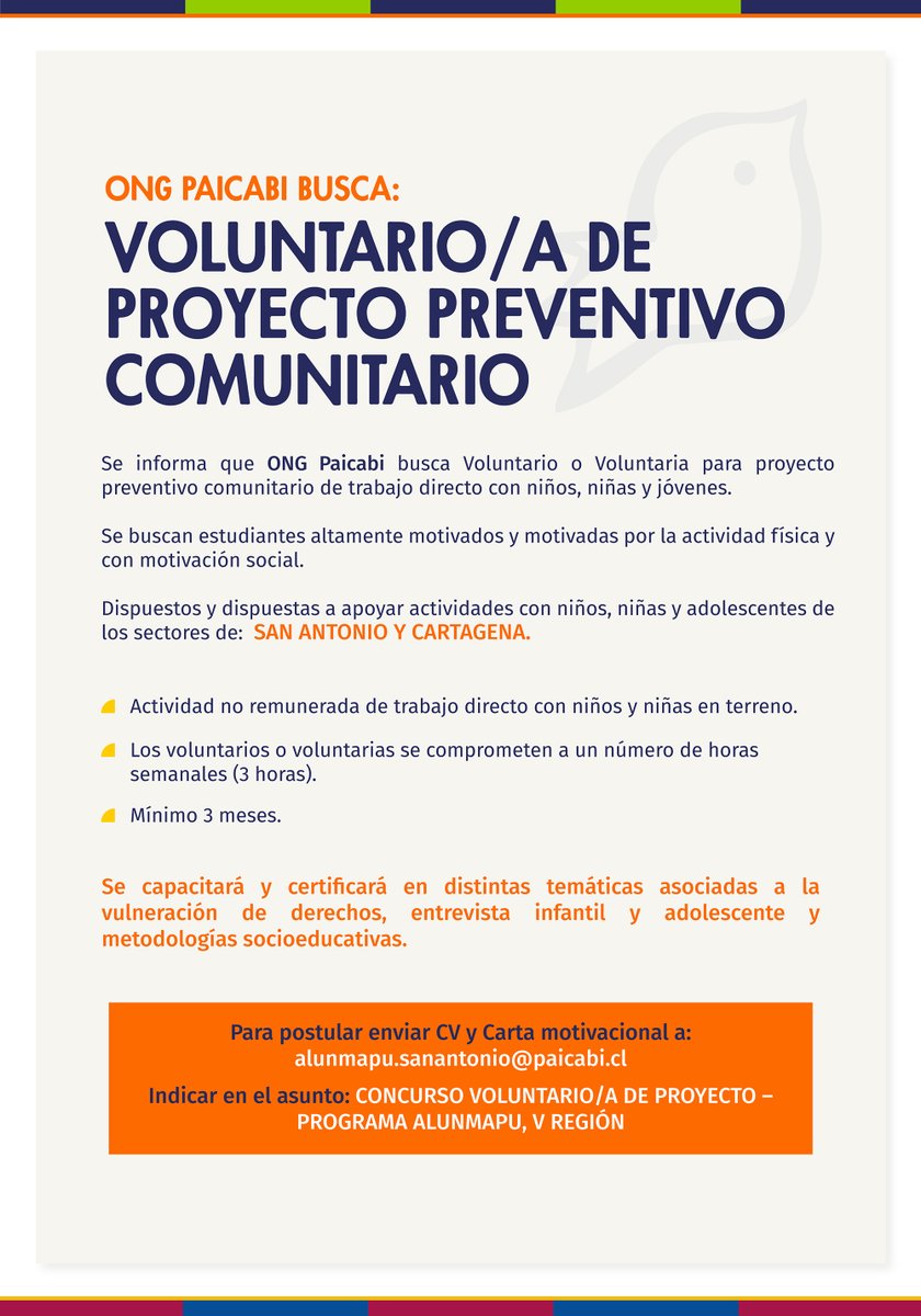 📢 ¡POSTULA AL VOLUNTARIADO @ONGPaicabi! 🌟
Buscamos estudiantes motivados por el deporte y lo social para trabajar con niños en San Antonio y Cartagena.
✅ Capacitación y certificación incluida ⏳ 3 hrs/semana (mín. 3 meses) 📧 CV a: alunmapu.sanantonio@paicabi.cl
¡Súmate! 🏃‍♂️💪