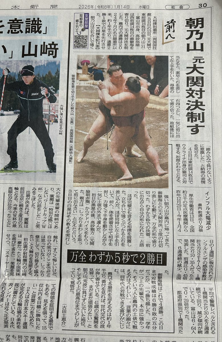 朝乃山『前へ』『攻めろ』 両新聞記事共同じ見出しです。 なんで