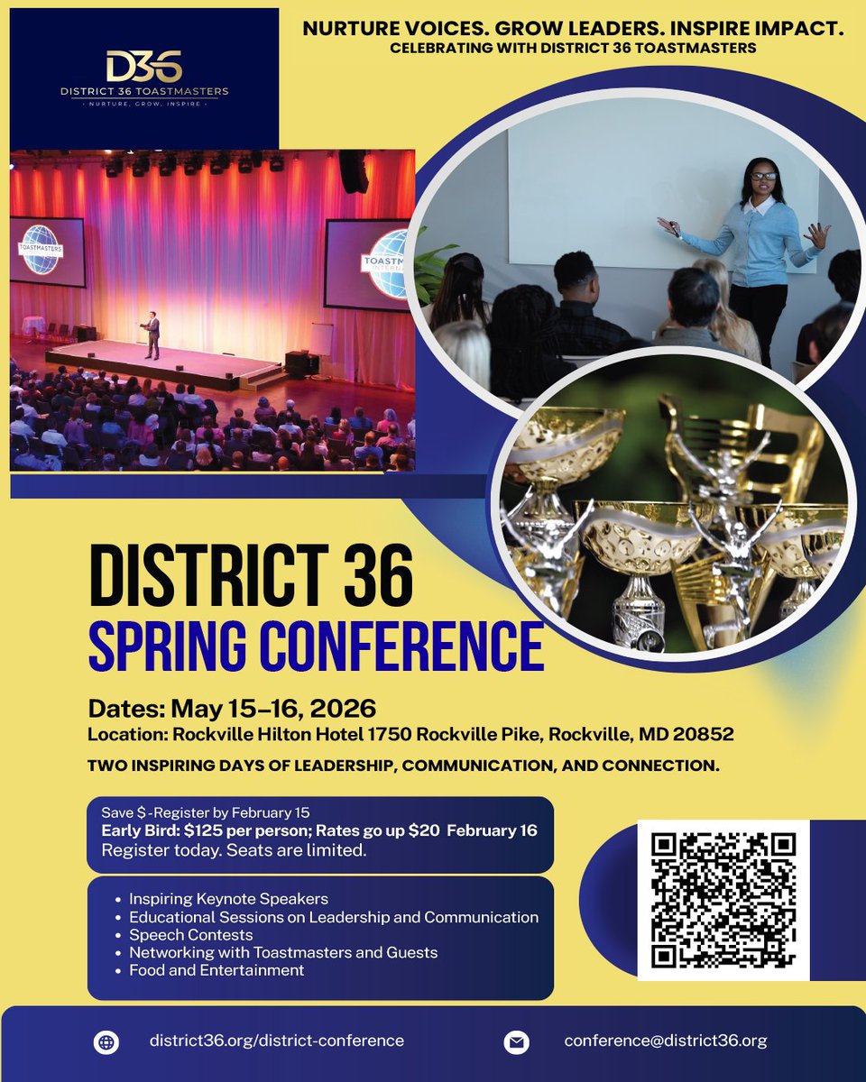 🎉 Save the Date: District 36 Spring Conference 🎉

Happy New Year, District 36! As you continue to grow, inspire, and lead on your Toastmasters journey, we invite you to be part of something truly meaningful.

📍 District 36 Spring Conference
 📅 May 15–16, 2026
 🏨 Rockville
