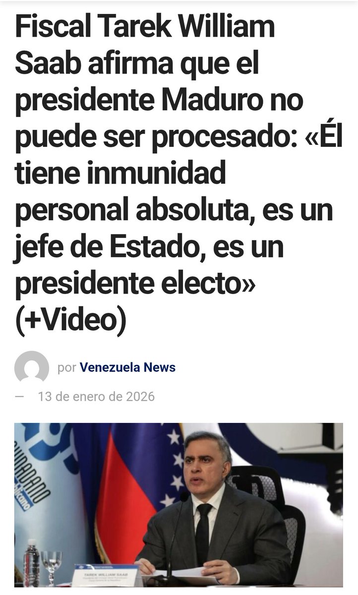 1. El Fiscal General de la República, Tarek William Saab, se pronunció sobre la situación jurídica del Presidente Nicolás Maduro y su esposa, Cilia Flores, secuestrados por el gobierno de EE.UU.
2. Saab afirmó en una entrevista que Maduro no puede ser procesado debido a su