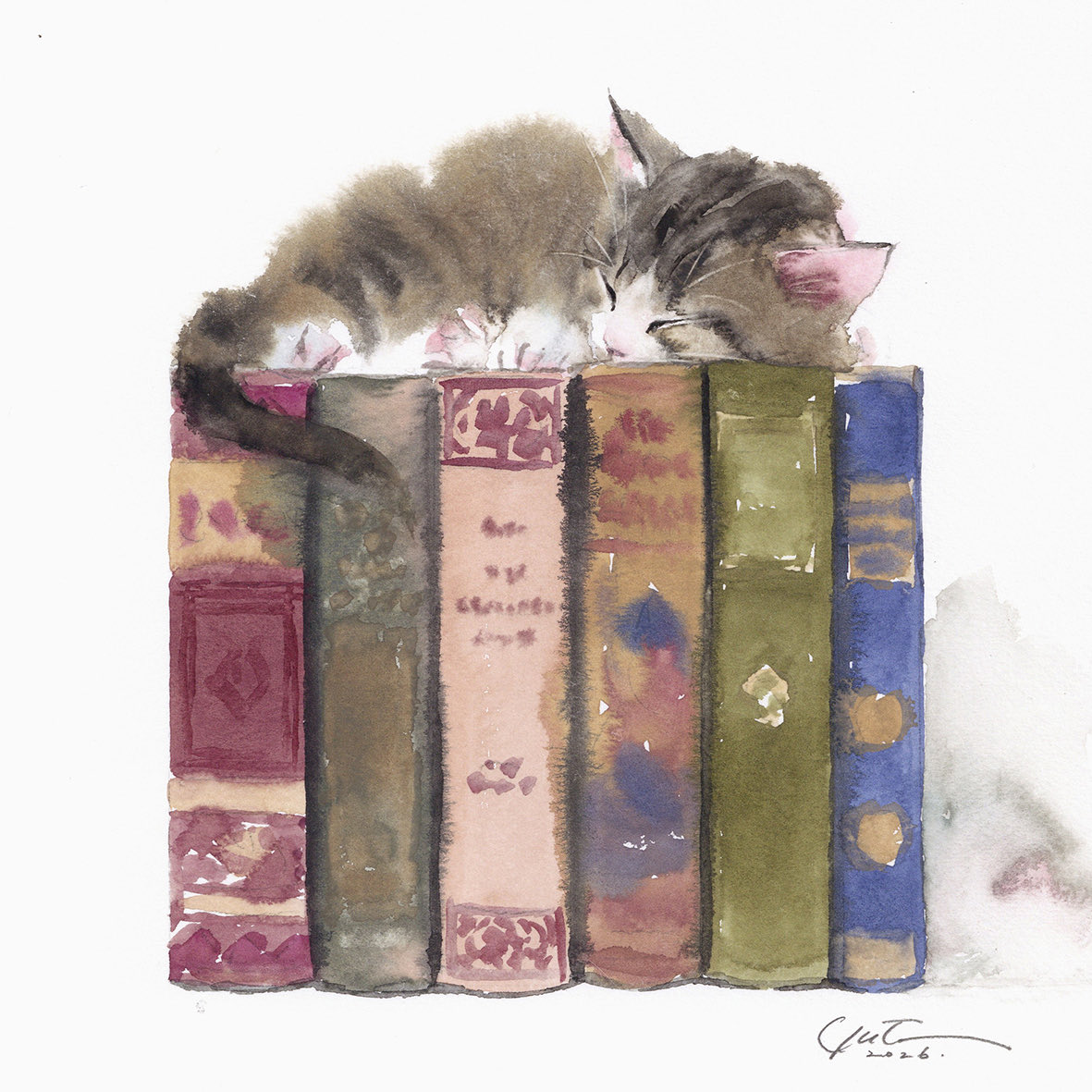 i0RnrQ5Y18E0cN3's tweet image. 洋書と子猫
古い洋書を絵に使う効果は、はてこの本は誰の本？という見方をせずに済む事でしょうか。仕事中に邦楽ではなく洋楽やBGMの方が捗るのと同じです。背表紙の文字も読めるような文字は描かないのがお約束。うちの柚子がちびこい頃の容姿をごいっしょに。5月の講座用に描きました。