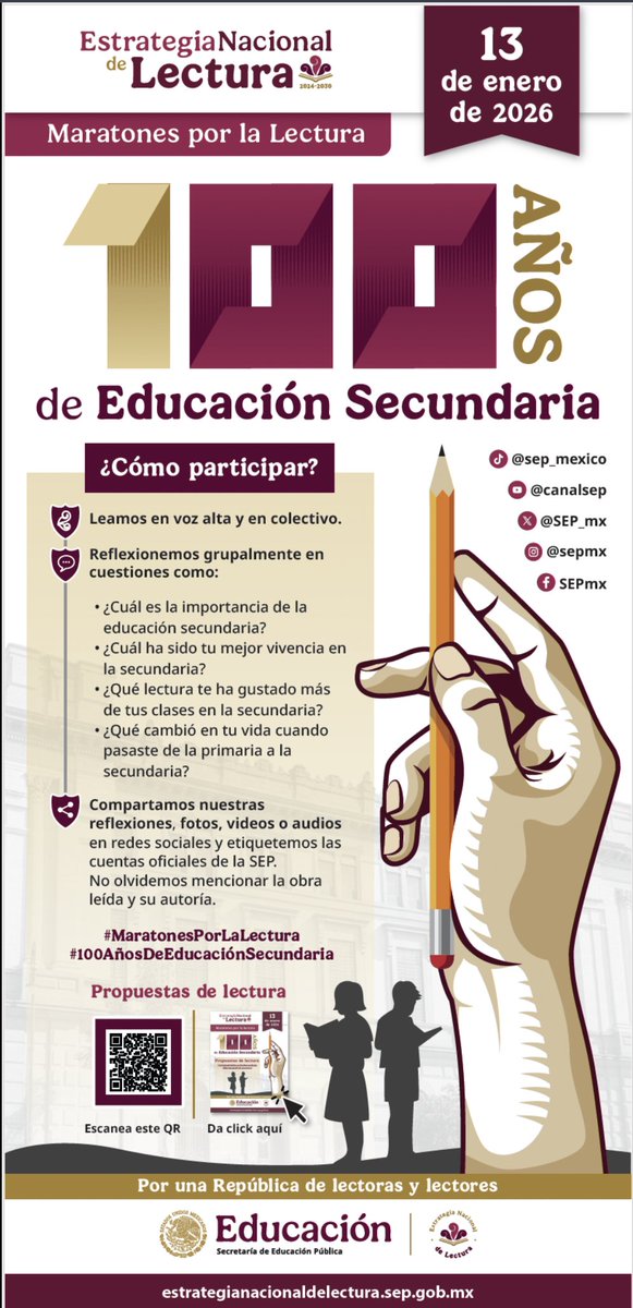 epoem11's tweet photo. Estrategia Nacional “Maratones por la Lectura” en la que se invita a leer de manera colectiva; este mes de Enero está dedicado a los #100AñosDeEducaciónSecundaria
@SEP_mx
@Edomex
@SEMSedomex
@DGEMSedomex
@dbg_epoem 
¡Esperamos contar con su participación! https://t.co/c7sL6YkPwD