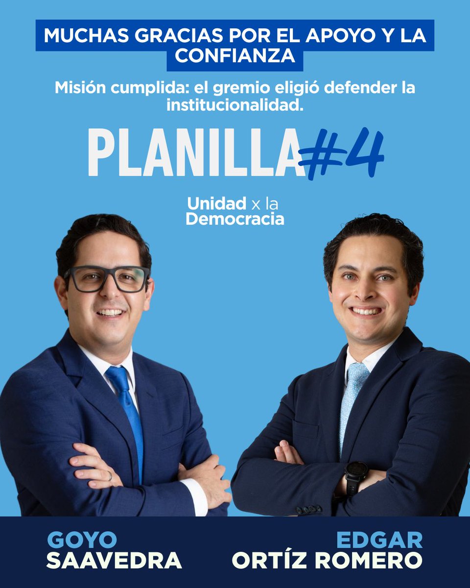 El gremio jurídico decidió.

La Planilla #4 – Unidad x la Democracia fue electa para representar al CANG en la Comisión de Postulación del TSE.

Gracias por la confianza y el apoyo.
Asumimos esta responsabilidad con independencia, ética y compromiso institucional.