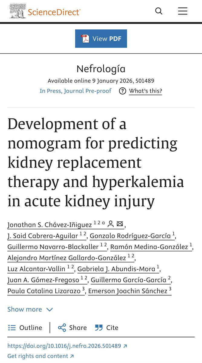Listo nuestro nuevo Artículo Original

En personas con lesión renal aguda desarrollamos un sencillo nomograma que predice, con buena certeza, sus complicaciones como hiperkalemia y el inicio de soporte renal

Léanlo gratis👇🏻

Nefrologia 2026
sciencedirect.com/science/articl…