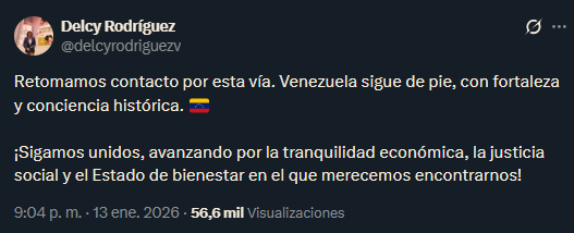 ReporteYa's tweet image. #13Ene #Rodríguez 
Delcy Rodríguez informó que retomó su comunicación por la red social X y llamó a la unidad nacional para "avanzar hacia la estabilidad económica, la justicia social y el bienestar del país".