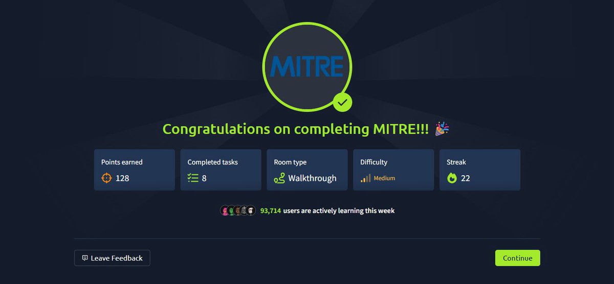 Day 9/100 #100DaysOfCyberSecurity

Completed the MITRE room on <a href="/tryhackme/">TryHackMe</a>. Explored how MITRE helps the cybersecurity community with frameworks like ATT&amp;CK to understand and defend against real-world threats.  

#BlueTeamer <a href="/jay_hunts/">zʇunH ʎɐſ ɐsɐɟnW 🦁🦁🦁🦁</a> <a href="/segoslavia/">Ṣẹ́gunfúnmi😎</a> <a href="/ireteeh/">Dr Iretioluwa Akerele</a> <a href="/cyberjeremiah/">Ezechi Jeremiah</a>