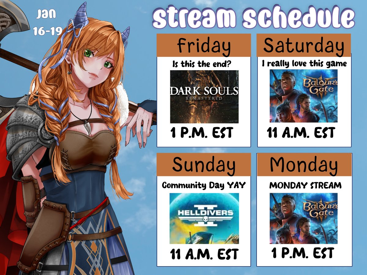 🌟New Schedule!🌟

Hoping to finish Dark Souls on Friday. 

Excited for a 4 day stream weekend!