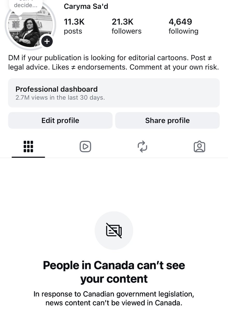 CarymaRules's tweet image. It was only a matter of time.

My Instagram account has been throttled, whether by government design or consequence, with its visibility to Canadian users restricted under the Online News Act.

Meanwhile, I am excluded from the Canadian Journalism Collective because I don’t meet…