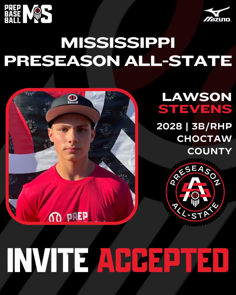 PrepBaseballMS's tweet photo. #𝐌𝐒𝐏𝐀𝐒𝟐𝟔: 𝐈𝐧𝐯𝐢𝐭𝐞 𝐀𝐜𝐜𝐞𝐩𝐭𝐞𝐝 ✅

+ '28 3B/RHP Lawson Stevens (@CountyBoysCC) has 𝙤𝙛𝙛𝙞𝙘𝙞𝙖𝙡𝙡𝙮 𝙖𝙘𝙘𝙚𝙥𝙩𝙚𝙙 𝙝𝙞𝙨 𝙞𝙣𝙫𝙞𝙩𝙚 and will attend the Mississippi Preseason All-State on January 25th at Mississippi State University.

Our Preseason All-State is 𝗦𝗢𝗟𝗗 𝗢𝗨𝗧, register for a Preseason ID below. ⤵️

🔗: https://t.co/dksXX4wiaI