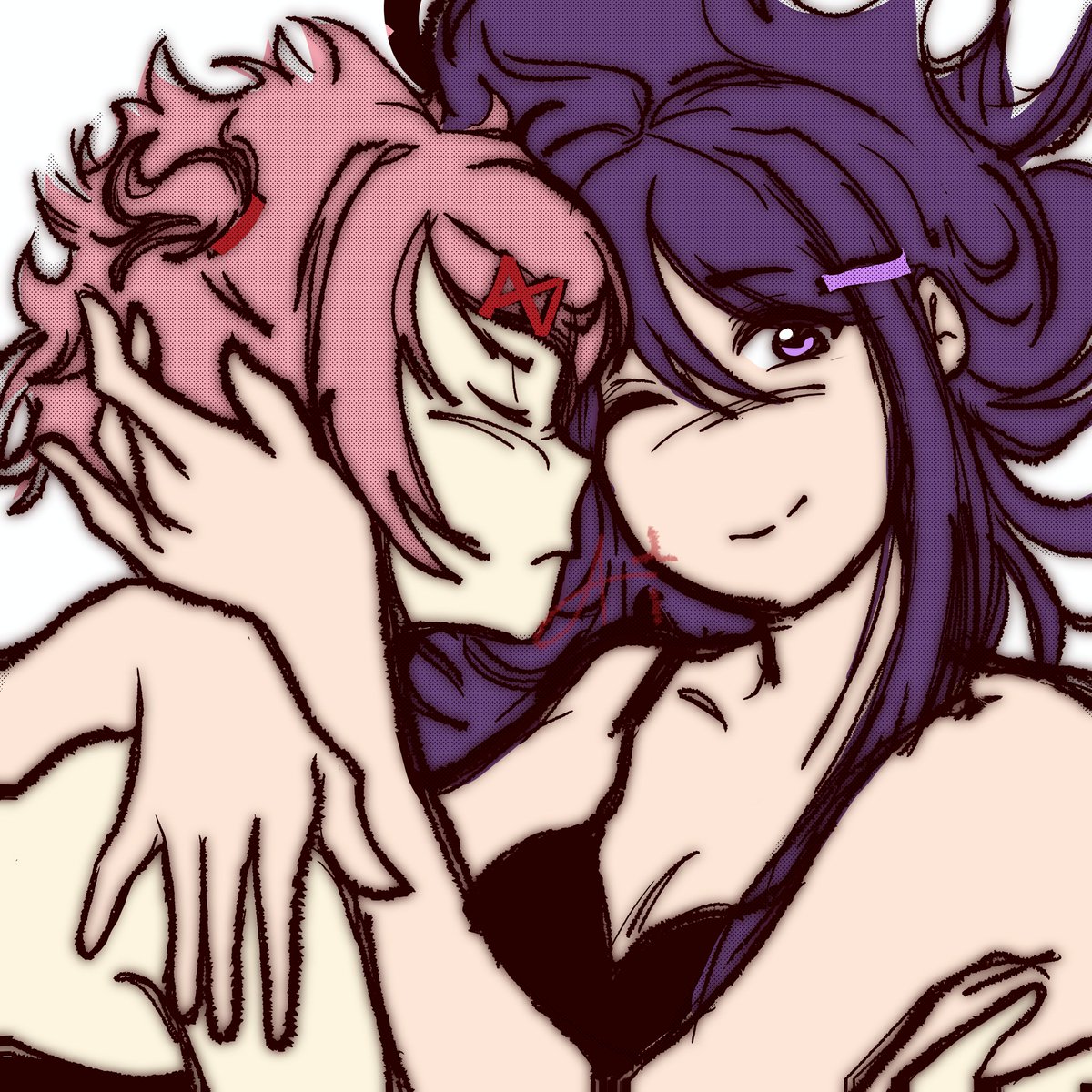 PorpleStar's tweet image. WIP 
im tempted to leave it as it is but wanted to know if anything looked bad before I finish it any criticism is welcome 🙏 
#natsuri #natsuki #ddlc #yuri #DokiDokiLiteratureClub