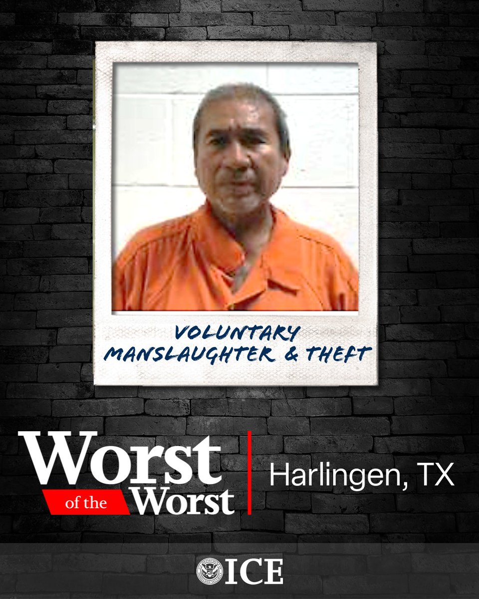 ICEgov's tweet image. VOLUNTARY MANSLAUGHTER, THEFT &amp;amp; MULTIPLE ILLEGAL RE-ENTRIES

ICE @EroHarlingen arrested Cesar Mendoza Hernandez, a Mexican criminal illegal alien with a 1986 final removal order.

He’s a serial criminal with convictions including:

• Voluntary manslaughter
• Carrying a…