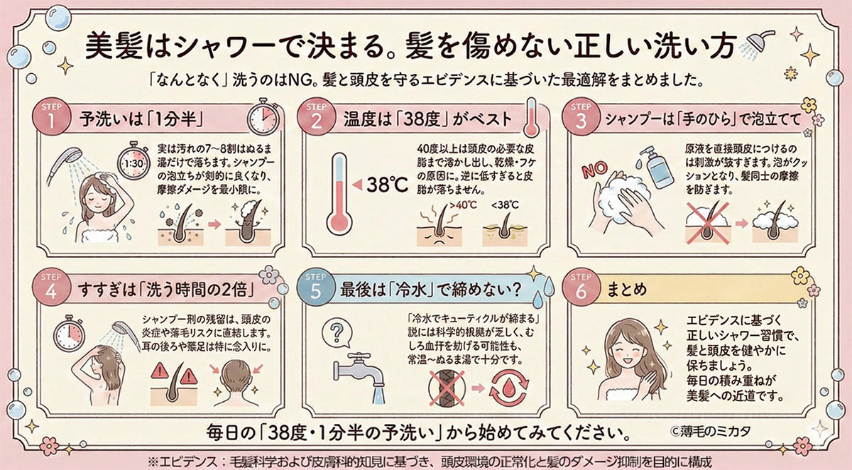 🚿美しい髪はシャワーで決まる！髪を傷めない正しい洗い方（毛髪診断士監修）

「なんとなく」洗うのはNG。髪と頭皮を守るエビデンスに基づいた最適解をまとめました。

①予洗いは「1分半」