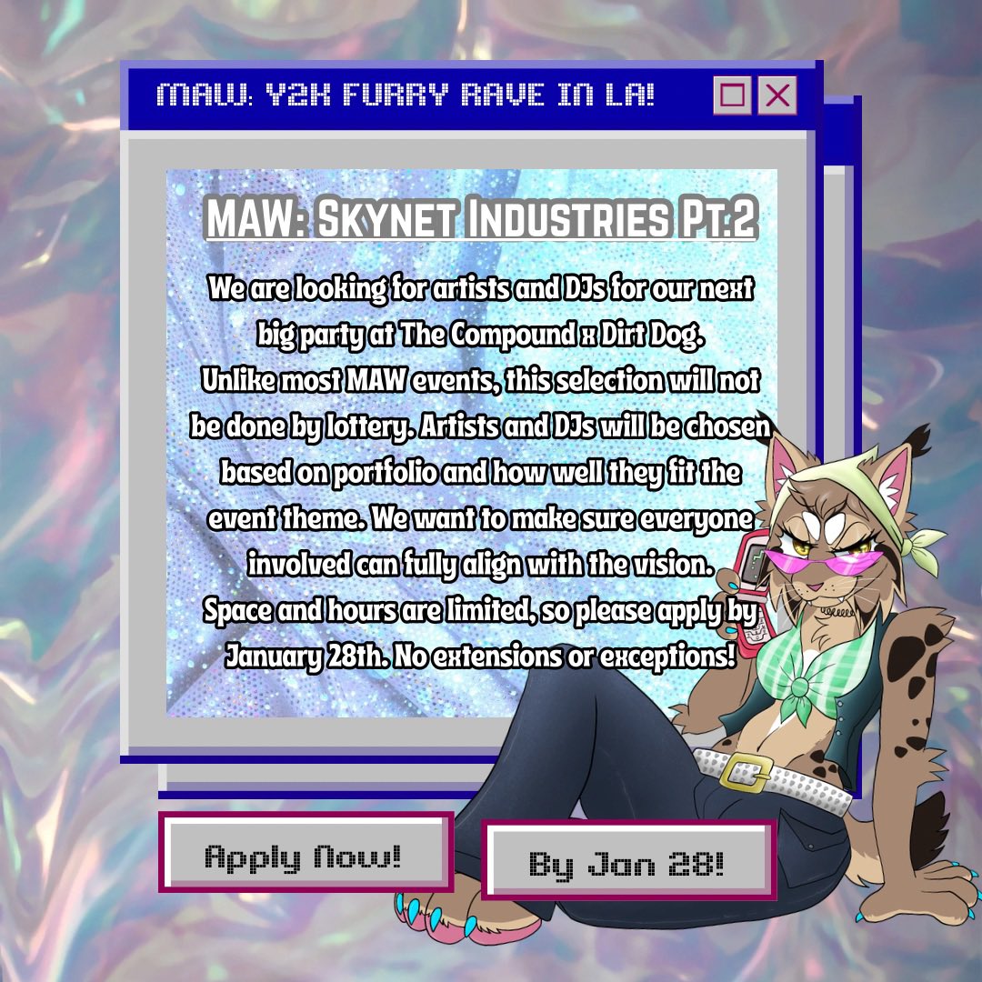 MAW_events's tweet photo. Calling all Artists and DJs ✨
In preparation for MAW: Skynet Industries Pt. 2 and looking for people who really match the Y2K themeing! 
This will not be a lottery, but will be purely a portfolio based selection! https://t.co/GRmGH8Tkjj