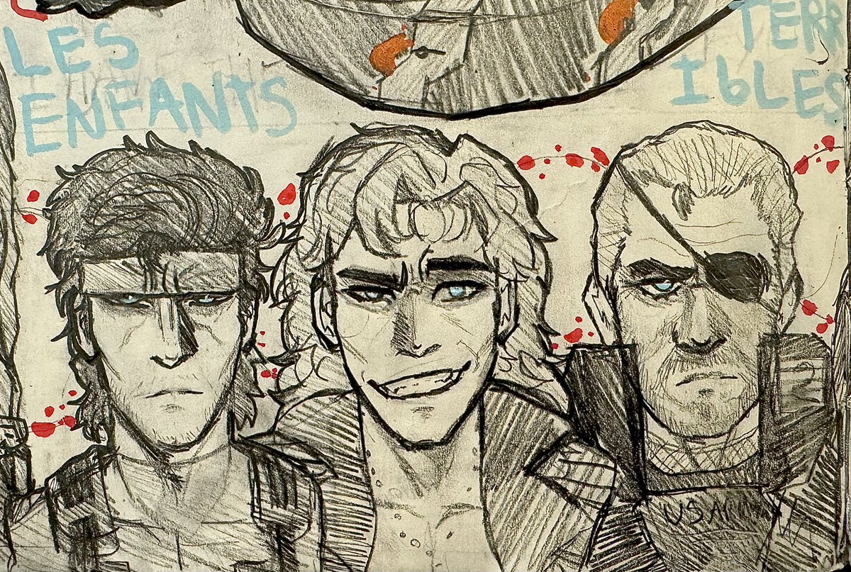 Somelazybitch's tweet photo. “I don’t want the children of another man to have the eyes of a girl I won’t forget” 🎶 
AKA here’s Les Enfants Terribles, David, Eli and George. Shoutout to Solid, Liquid and Solidus Snake for being the shape brothers. https://t.co/88EODzM9c7