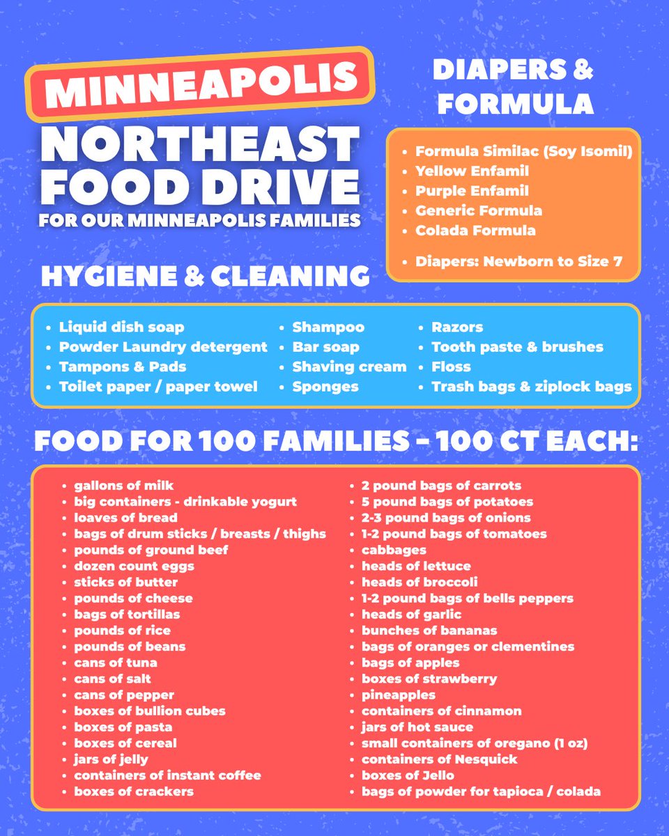 SeanLimMN's tweet image. Minneapolis Food Drive for 100 local families in need! 🛒

Collecting on Saturday, January 17th, from 9:30am - 11:30am — in need of:

- Diapers &amp;amp; Formula
- Hygiene &amp;amp; Cleaning
- Food for 100 families

✉️ Email for the drop off address: zaynabforsenate@gmail.com