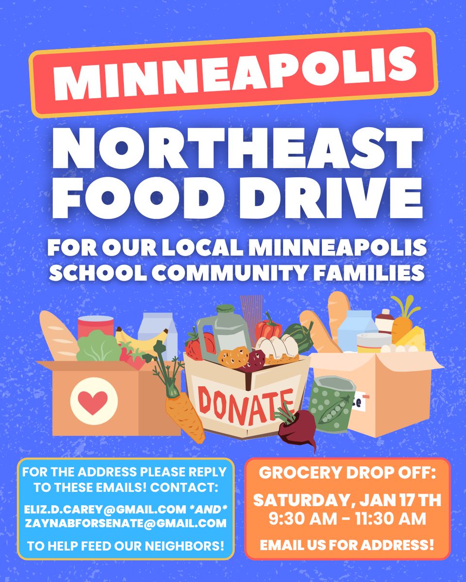 SeanLimMN's tweet image. Minneapolis Food Drive for 100 local families in need! 🛒

Collecting on Saturday, January 17th, from 9:30am - 11:30am — in need of:

- Diapers &amp;amp; Formula
- Hygiene &amp;amp; Cleaning
- Food for 100 families

✉️ Email for the drop off address: zaynabforsenate@gmail.com