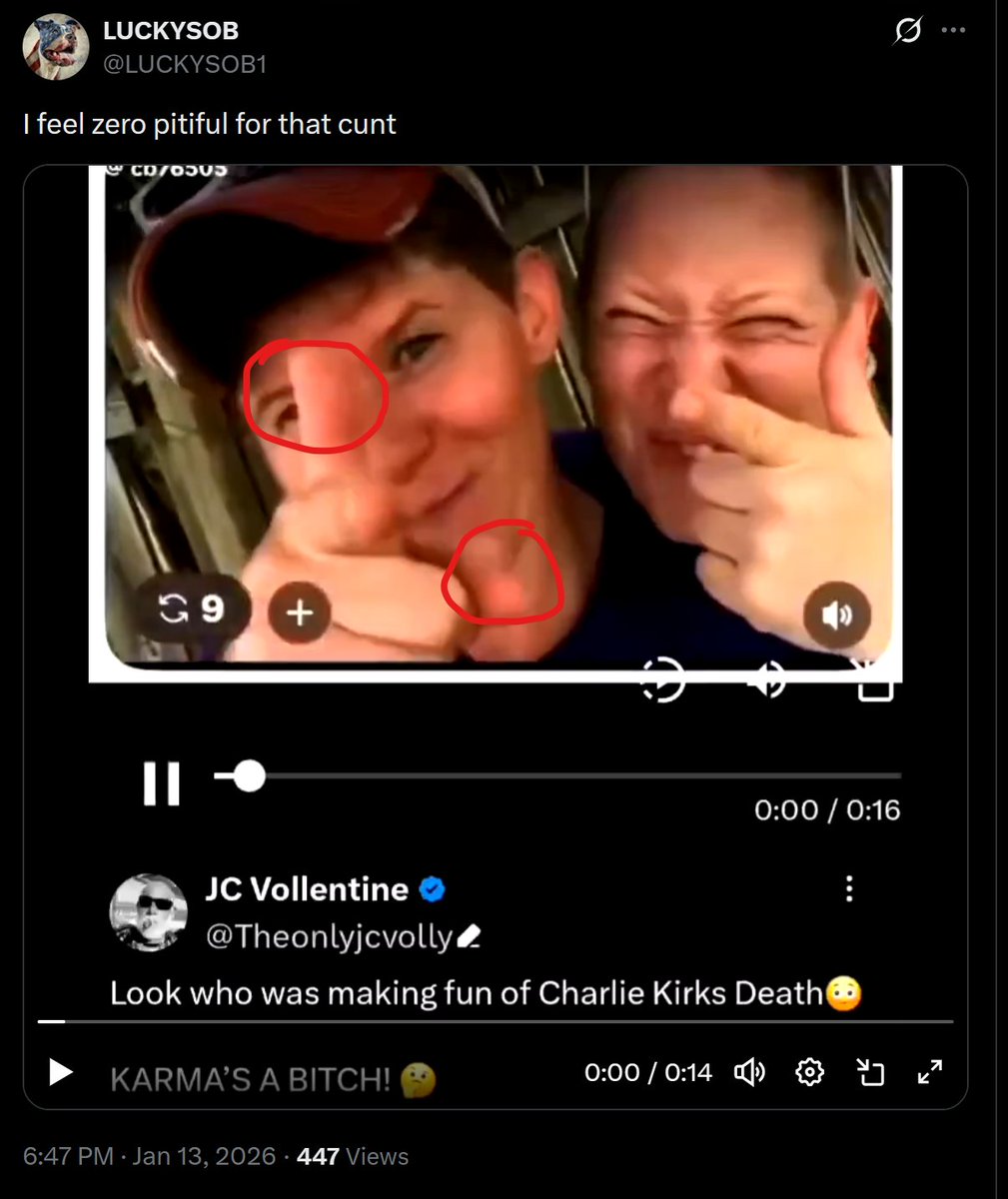 DarkMatter2525's tweet image. Not only did they make fake criminal histories for Renee Good &amp;amp; her wife, but now they're making fake AI videos of them making fun of Charlie Kirk's death. That is unless Renee Good's wife really does have 2 thumbs on her right hand.