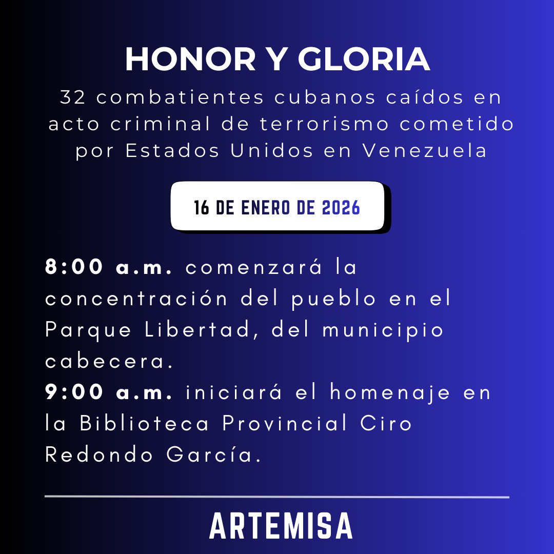 🇨🇺A partir de las 9:00 a.m. de este viernes 16 de enero, el pueblo de Artemisa, estudiantes y trabajadores, organizados en sus sindicatos, podrán rendir tributo a los caídos, entre ellos 4 artemiseños. #HonorYGloria