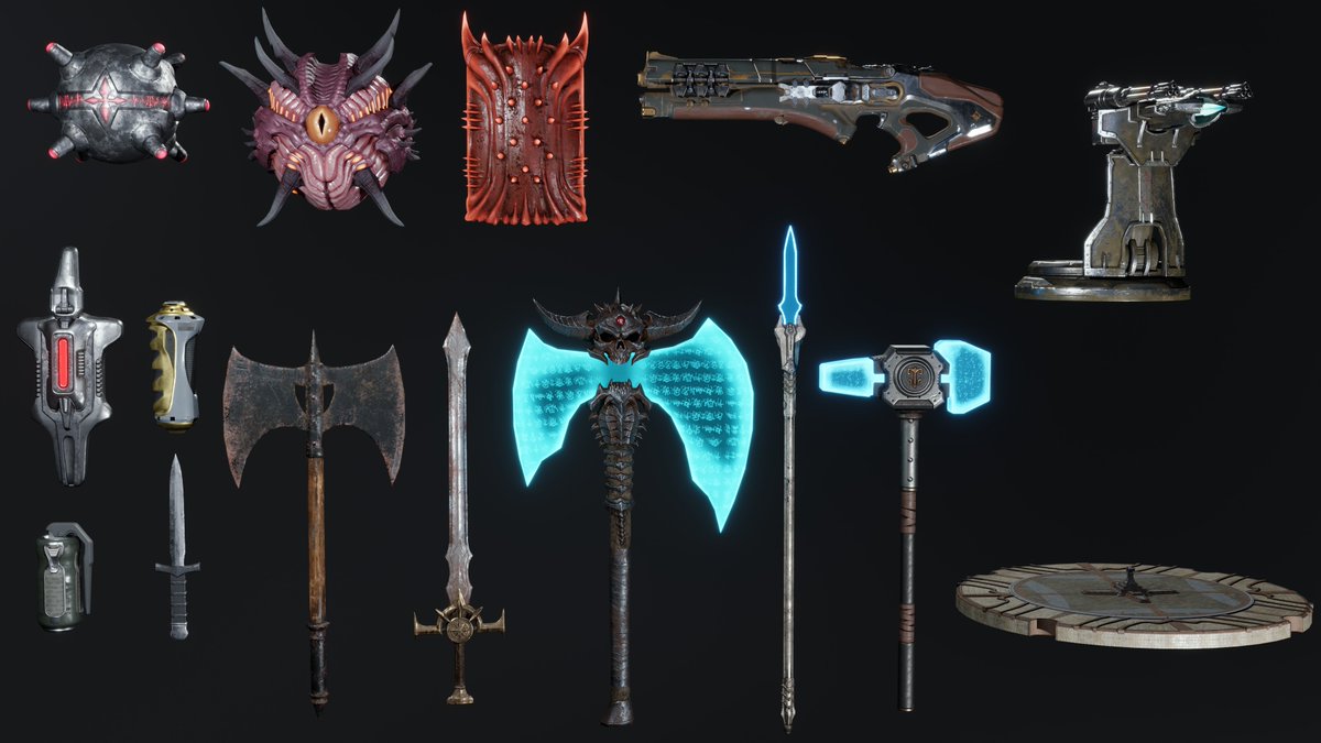 Props&amp;stuff part1 (3/4.5) its done. 
-Spear, Axe and hammer has customizable color
-Turret has a heat driver
-The platform is for placing the BFC