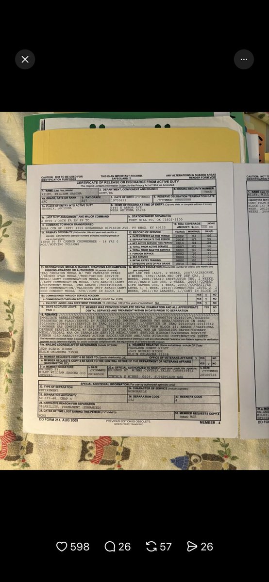 anthon7yandrews's tweet image. Sascha Barros has been very open about allowing all the things he has shared and continues to share on all platforms are ok to be used everywhere. Here is his DD-214 which he only redacted the SS number.