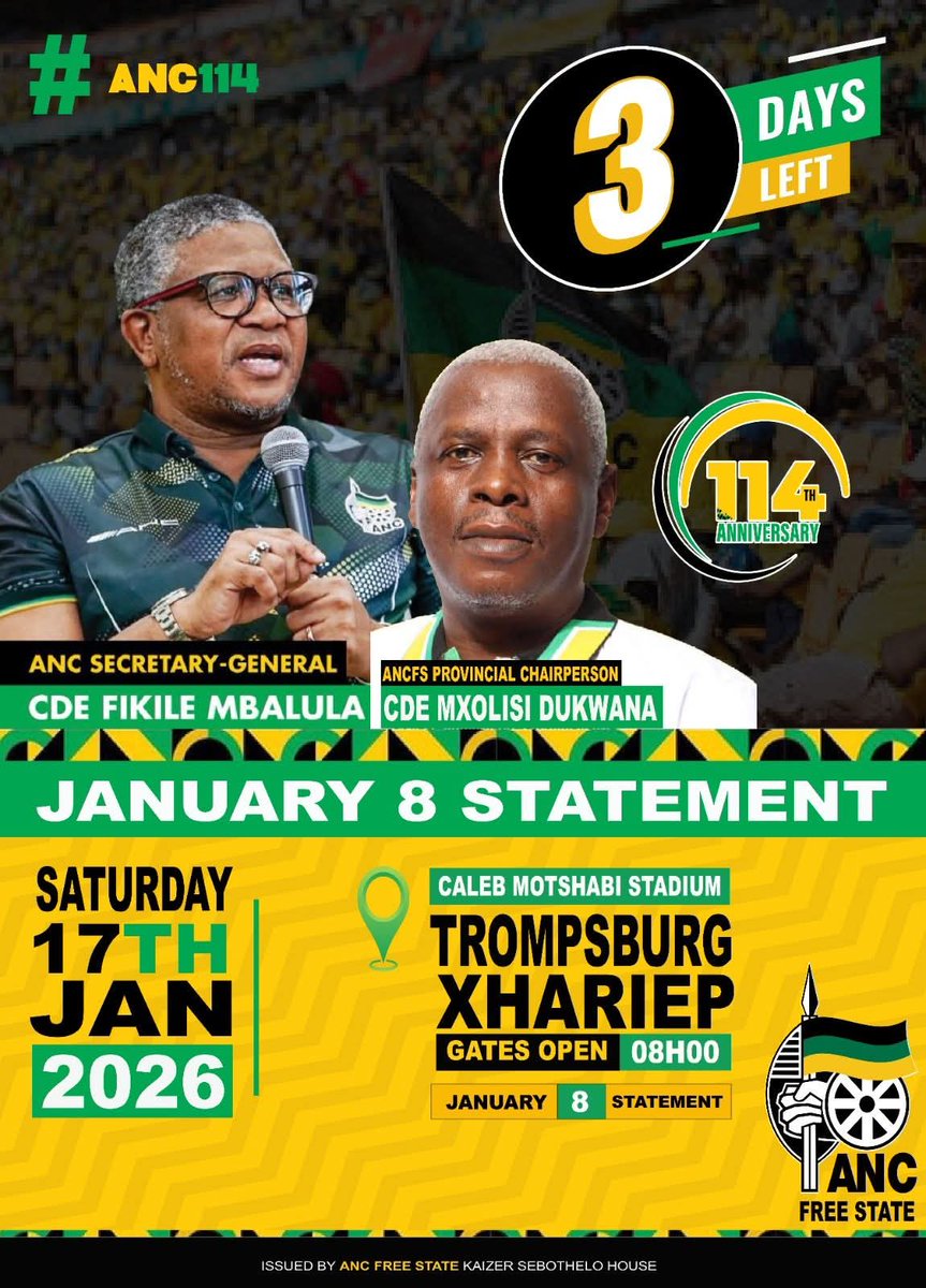 ANCFS's tweet photo. 3 days to go until the January 8 Statement at Caleb Motshabi Stadium in Trompsburg.
#ANC114 
#ANCJan82026 
#January8Statement https://t.co/CFoWk3yQjs