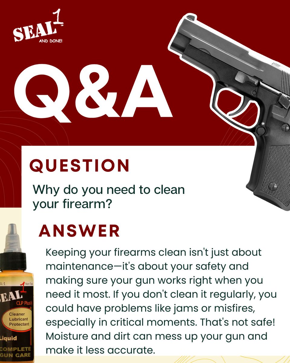 SEAL1Products's tweet image. A clean firearm is a reliable firearm.

Regular cleaning reduces the risk of jams, misfires, and corrosion, and helps ensure your firearm performs when it matters most. Safety, accuracy, and confidence all start with proper maintenance.

#seal1 #firearmmaintenance #gunowners