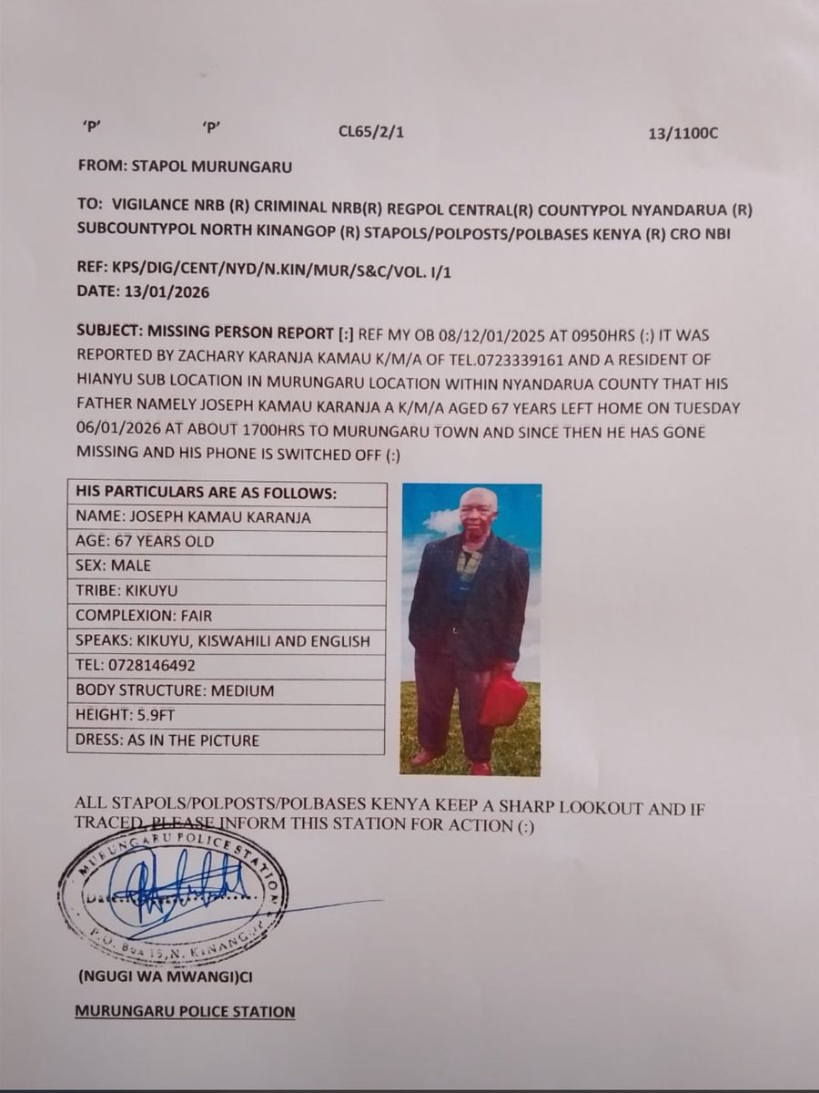 Missing person . Watu wa Nyandarua, North Kinangop . Help till he’s found