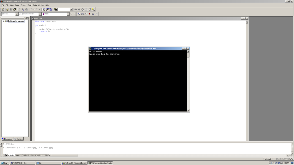reactos's tweet image. Visual C++ 5.0 works on #ReactOS! Installer has bugs and thus shortcuts aren't created, but if you run it from the Program Files folder it seems to function perfectly, although with some graphical glitches (the caret will stop showing up for a few seconds randomly, for a start)
