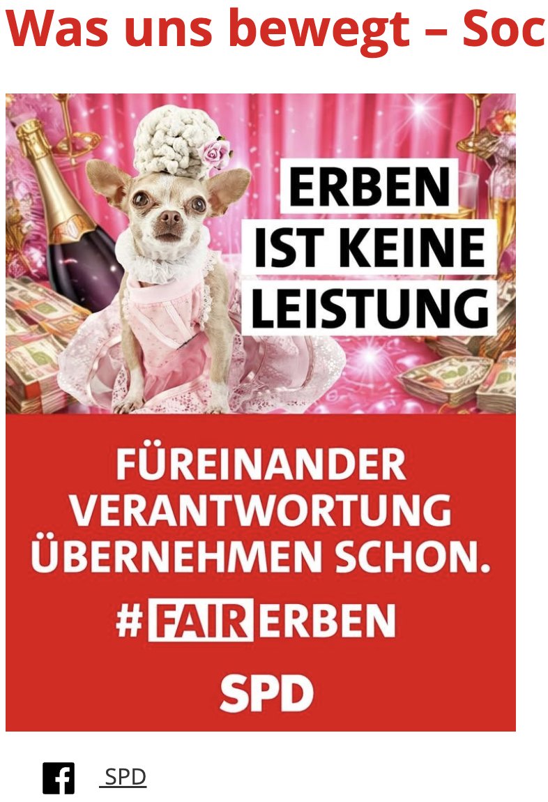 Da hat die <a href="/spdde/">SPD Parteivorstand 🇪🇺</a> aber daneben gegriffen: Wenn die Erben mittelständischer Betriebe in 🇩🇪 – und um die geht es bei der Erbschaftsteuer – auf Social Media als überzüchtete Hündchen zwischen Champagner und Geldbündeln dargestellt werden, ist mental etwas verrutscht
