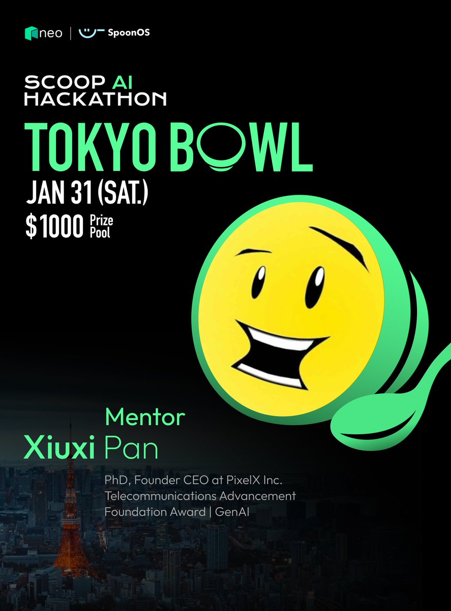 SpoonOS_ai's tweet image. We’re proud to welcome Xiuxi Pan, PhD, Founder &amp;amp; CEO of PixelX Inc. and recipient of the Telecommunications Advancement Foundation Award | GenAI, as a mentor for the Scoop AI Hackathon: Tokyo Bowl!

Co-hosted by @Neo_Blockchain and SpoonOS, the hackathon explores how AI +…