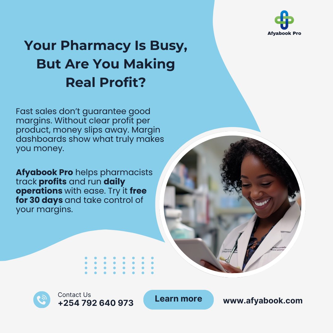 tripleaim_care's tweet image. Your pharmacy is busy, but is it profitable?
Know exactly what makes you money.
Try Afyabook Pro free for 30 days.
📞 +254 792 640 973
🌐 afyabook.com
#PharmacyBusiness #RealProfits #AfyabookPro #PharmacistsKE #SmartPharmacy