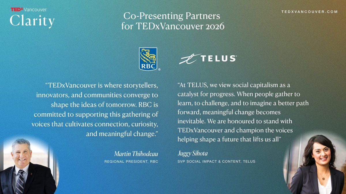 Introducing our Co-Presenting Sponsors for TEDxVancouver 2026: RBC and TELUS!

We are proud to partner with RBC and TELUS, who share our vision of creating positive impact within our communities through sharing ideas worth spreading. 

#TEDxVancouver #TEDx #Vancouver