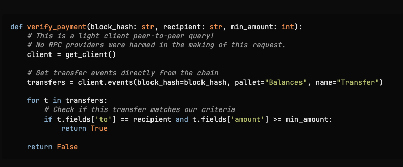 Our Head of Product Engineering, <a href="/KarimJDDA/">Karim Jedda</a>, built a simpler and fully decentralized implementation of the <a href="/CoinbaseDev/">Coinbase Developer Platform🛡️</a> x402 payment protocol.

• No facilitators
• No RPC providers
• No API keys

smol402 replaces trusted API services with an embedded Polkadot light client