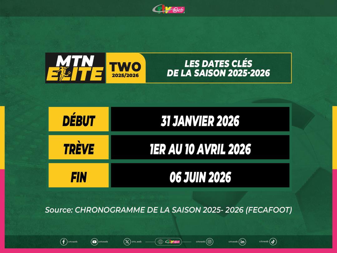 CRTV_web's tweet image. ⚽️#Football
Selon un chronogramme officiel des compétitions de la saison sportive 2025-2026 rendu public par la #Fecafoot, le championnat national de football deuxième division, #MTNELITETWO, débute le 31 janvier 2026.
