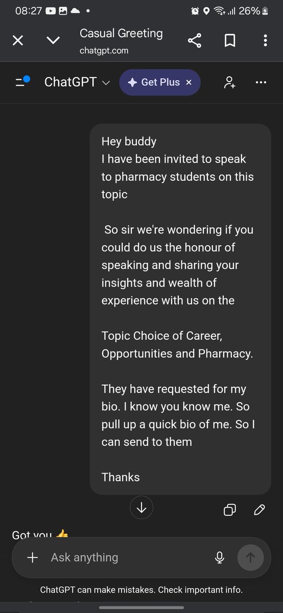 I was referred to speak on my boss, Pharm Shadrach's stead to some undergraduate students.

Then I was asked to send in a bio and I did this. Lol.

Reminded me of a post I saw earlier that if you really want to know people these days, check their AI chat.