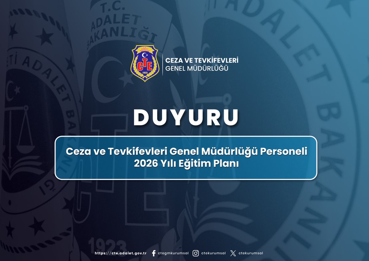 ctekurumsal's tweet photo. Nitelikli Eğitim, Yetkin Personel, Güçlü Teşkilat

Adalet Bakanımız Sayın @yilmaztunc'un başkanlığında gerçekleştirilen 59. Eğitim Kurulu Toplantısı'nda kabul edilen "Ceza ve Tevkifevleri Genel Müdürlüğü Personeli 2026 Yılı Eğitim Planı", Genel Müdürlüğümüz web sitesinde yayımlandı.

➡️https://t.co/WWBcv7eWY4