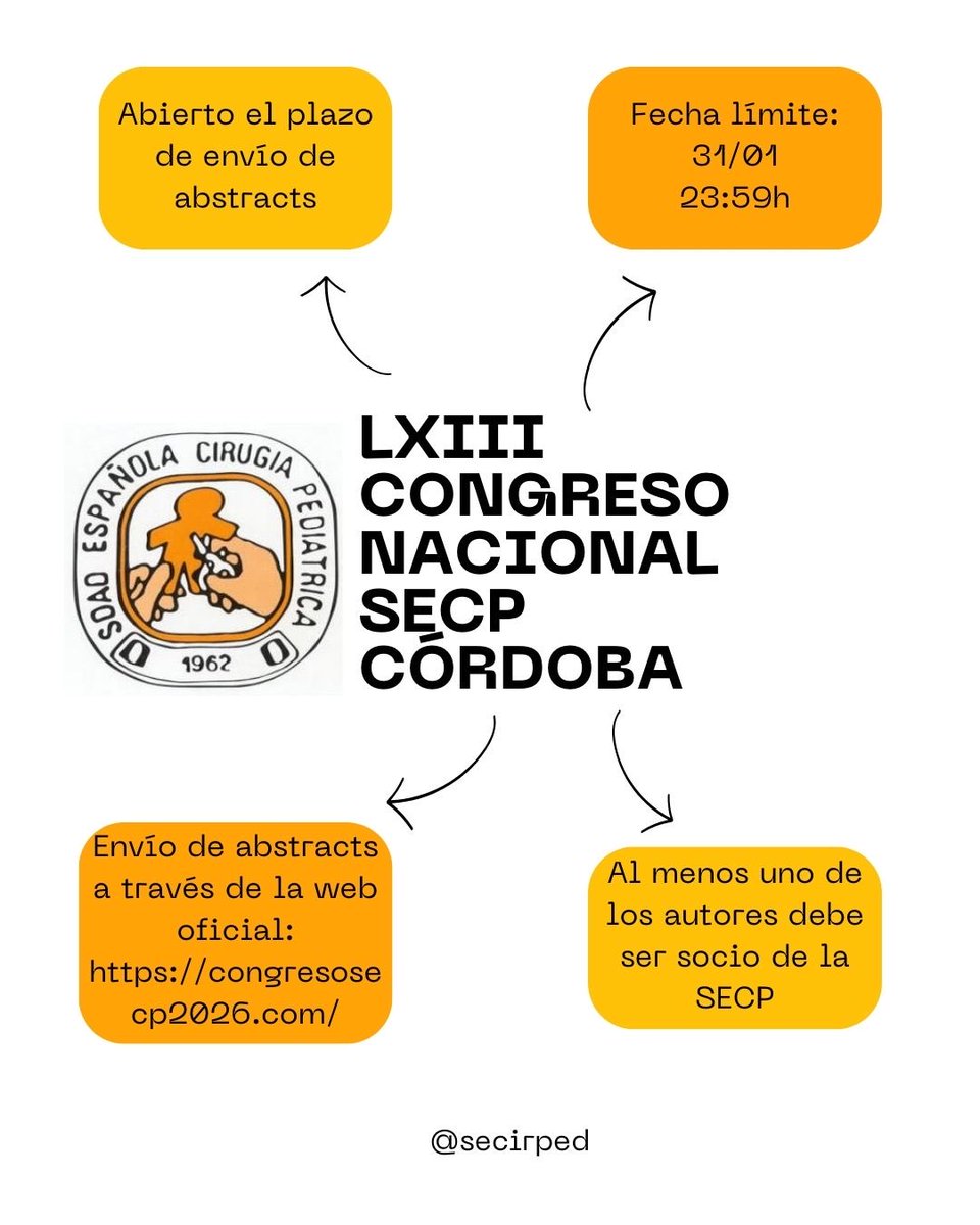 SECIPE's tweet image. Participa en el LXII Congreso Nacional de la SECP en Córdoba. 
Abierto plazo de resúmenes hasta el 31 de enero a las 23:59h.
#SECP #CIRUGIAPEDIATRICA