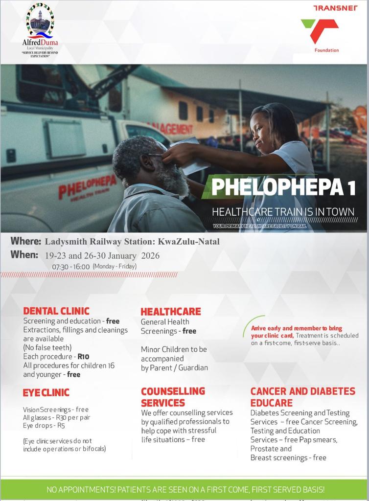 The Transnet Phelophepa Healthcare Train is rolling into Alfred Duma Local Municipality, Ladysmith!  

Residents are invited to free healthcare screenings including dental, cancer &amp; diabetes checks, eye care &amp; counseling services. Bring your clinic card