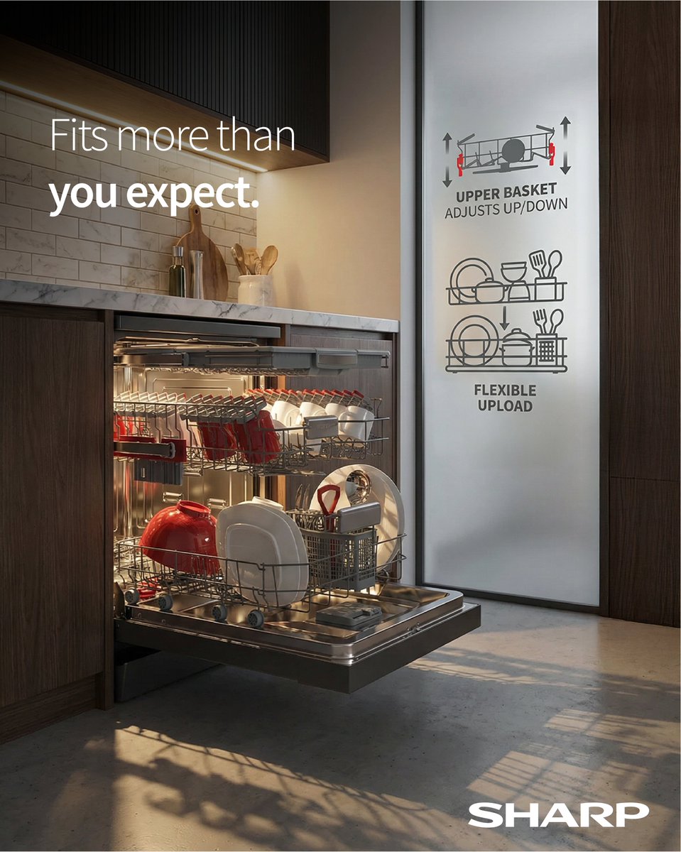 Adjustable baskets in Sharp dishwashers allow flexible loading for different dish sizes, improving everyday convenience.

#Sharp #Technology #WhiteGoods