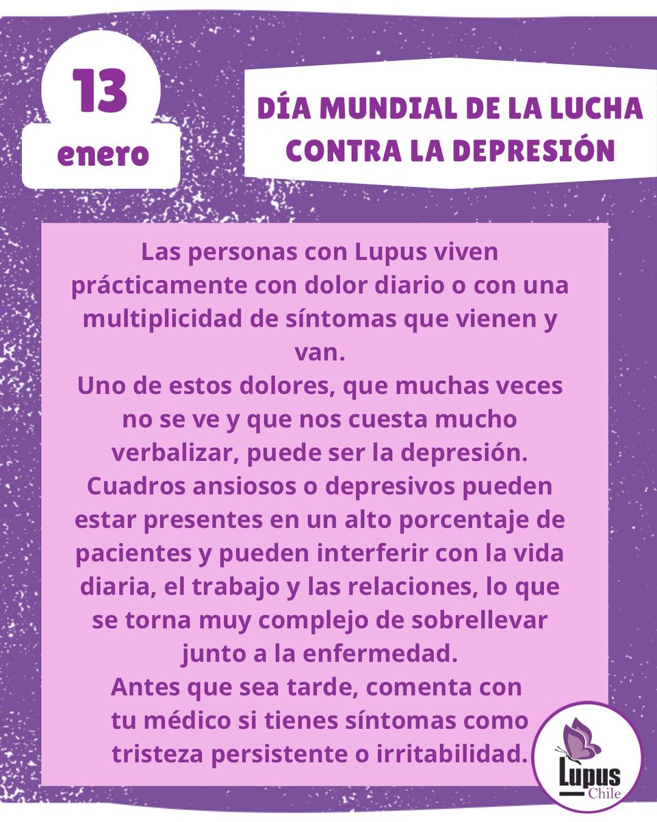 Lupus_Chile's tweet image. Cada 13 de enero se conmemora el Día Mundial de la lucha contra la Depresión.

Hasta más de un 80% de las personas con Lupus pueden experimentar síntomas de depresión o ansiedad derivadas de la enfermedad, de acuerdo a @LupusOrg.

Pide ayuda si es necesario.
Cuídate y cuidémonos
