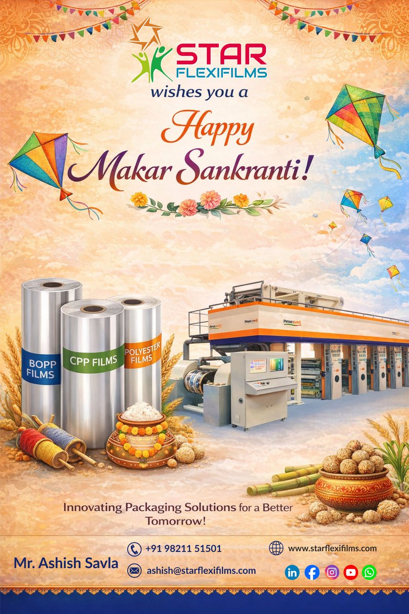 starflaxifims's tweet image. 🪁 From kites in the sky to strength in packaging — celebrating progress and prosperity!
✨ Starflexifilms wishes you a Happy Makar Sankranti ✨

#Starflexifilms #FlexiblePackaging #PackagingFilms #BOPPFilms #CPPFilms #PolyesterFilms #PackagingLamination #FoodPackaging