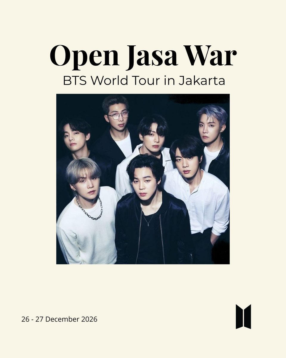 josgandos_wkpop's tweet photo. [OPEN JASA WAR TIKET KONSER]

BTS World Tour in Jakarta

🗓️26 - 27 December 2026
🏟️TBA
‼️Limited Slot‼️

💸 Range Fee:
IDR 250k-300k/tiket
Bookslot: IDR 50K

📝Memakai data pribadi customer &amp; self payment by customer

#bts #btsworldtour #army #armyina #btsarmy #konser #jakarta https://t.co/Ob5ToV5Ieh