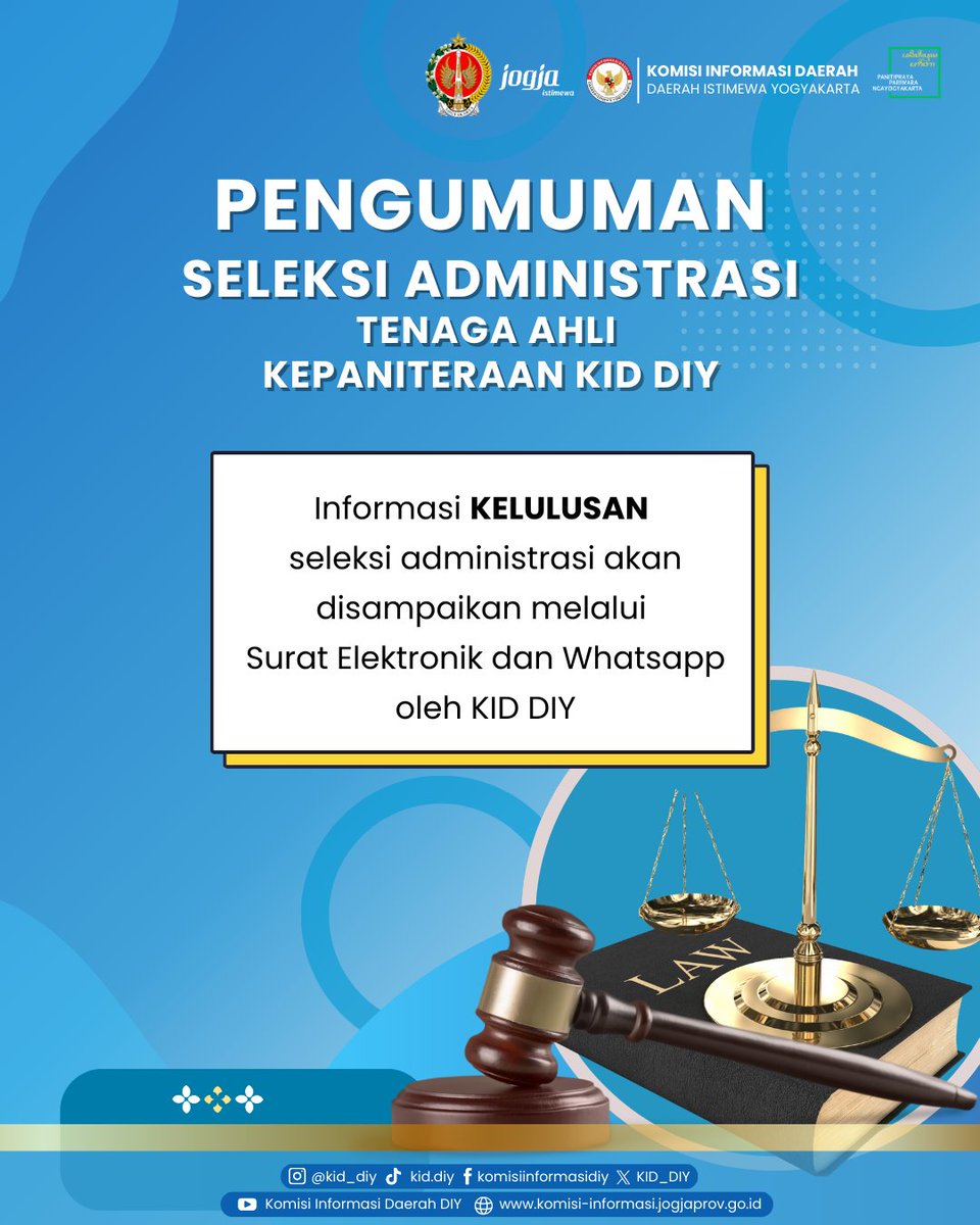 Selamat kepada para peserta yang telah berhasil melewati tahap Seleksi Administrasi dalam Open Recruitment Tenaga Ahli Kepaniteraan KID DIY! 

Informasi Kelulusan seleksi administrasi akan disampaikan melalui Surat Elektronik dan Whatsapp. 📲🌐

Terima Kasih