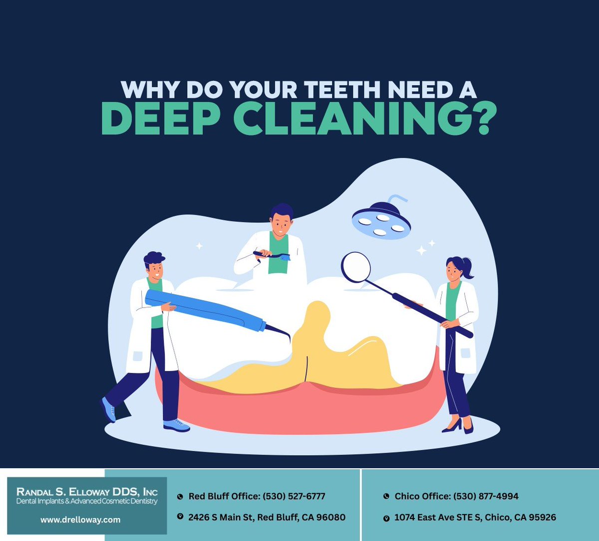 r_ellowaydds's tweet image. Stubborn plaque and tartar can build up on your teeth and gumline, which can lead to oral health issues. A deep cleaning can remove buildup, reduce inflammation, and prevent gum disease. Learn more at drelloway.com #RandalSEllowayDDSInc #RedBluff #Chico #CA
