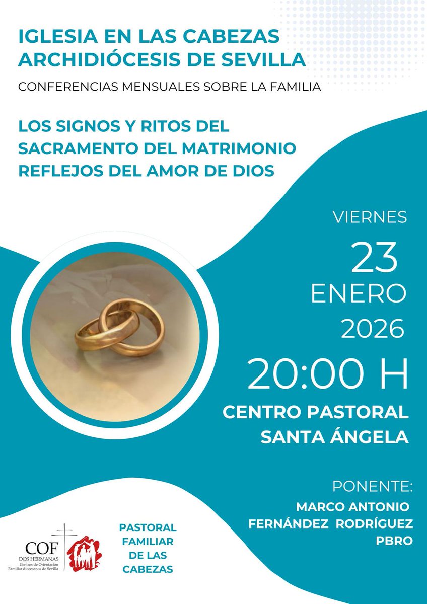 🚨 CONFERENCIAS MENSUALES | LAS CABEZAS
👫 'Los signos y ritos del sacramento del matrimonio reflejos del amor de Dios'.
📆 Viernes, 23 de enero.
🕗 20.00.
📍 Centro Pastoral Santa Ángela.
▶️ Imparte: Marco Antonio Fernández Rodríguez, sacerdote.