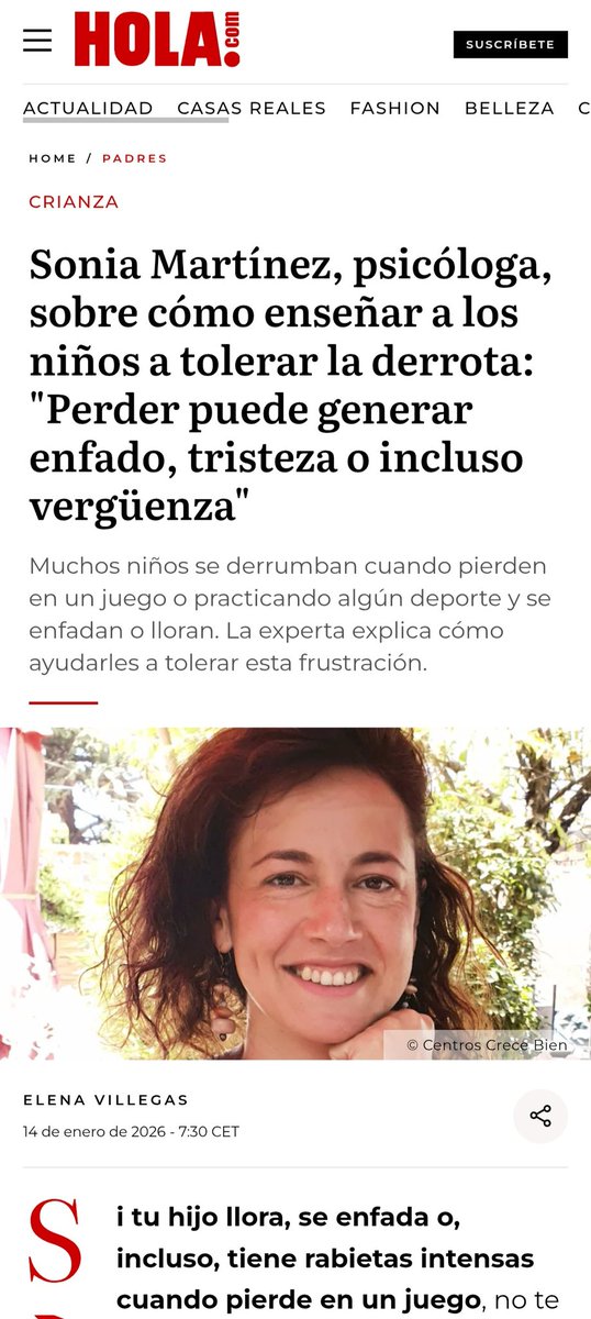 Nuestra directora y psicóloga Sonia Martínez ha participado en un nuevo artículo de Revista ¡HOLA!, hablando de algo que vemos cada día en las familias: lo difícil que puede ser para los niños aprender a perder

hola.com/padres/2026011…