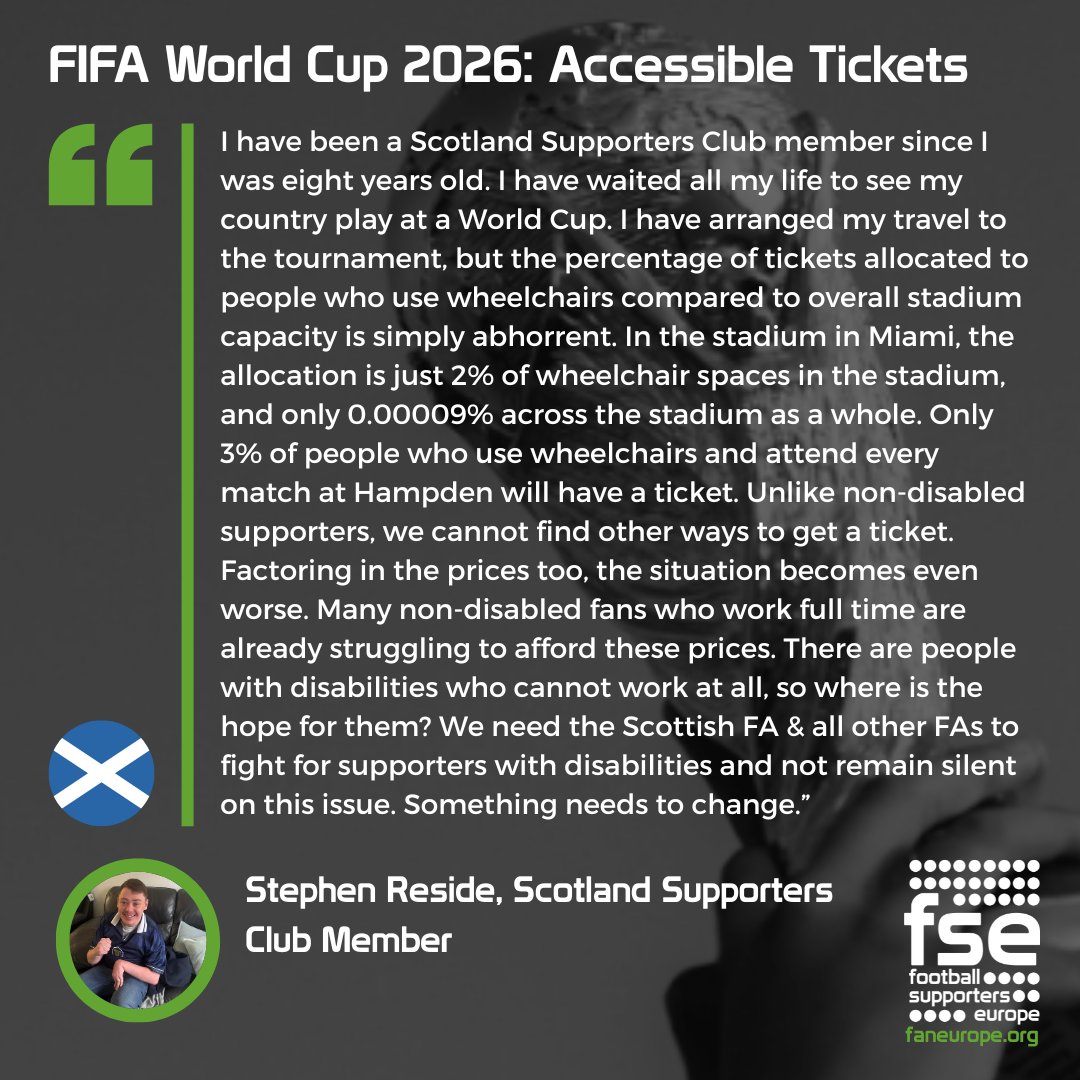 "In the stadium in Miami, the allocation is just 2% of wheelchair spaces in the stadium, &amp; only 0.00009% across the stadium as a whole."

Following the latest <a href="/FIFAWorldCup/">FIFA World Cup</a> update, Scotland fan Stephen has shared the impact it will have on him &amp; other fans with disabilities.