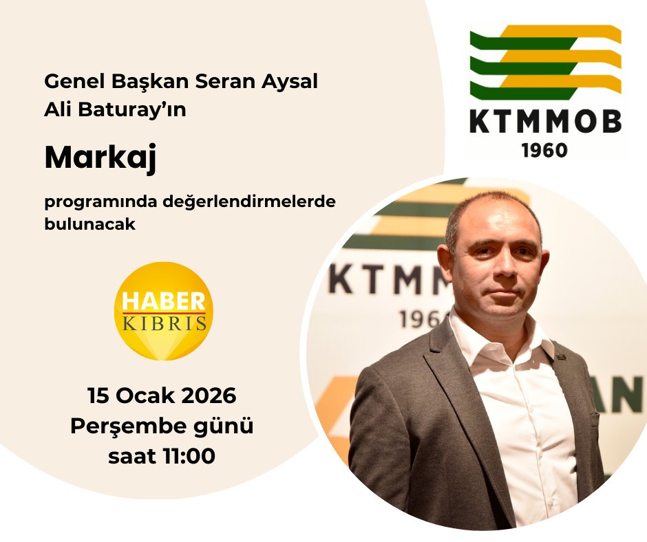 Genel Başkan Seran Aysal, yarın (15 Ocak 2026 Perşembe günü) saat 11.00’de Haber Kıbrıs Web TV’de Ali Baturay’ın hazırlayıp sunduğu programa konuk olarak değerlendirmelerde bulunacak.