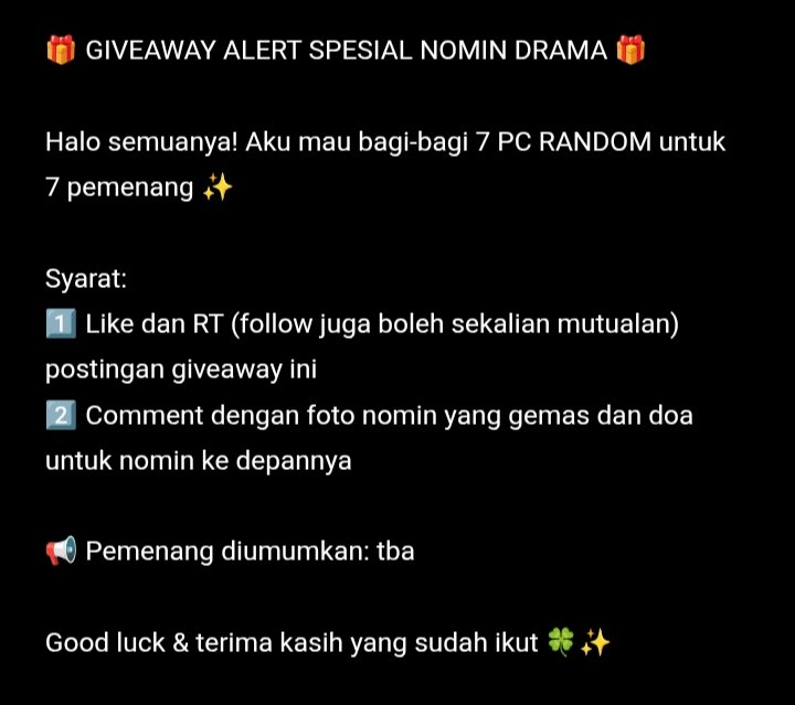 lee_minjenhyuck's tweet photo. 🎁 GIVEAWAY ALERT SPESIAL NOMIN DRAMA 🎁

Halo semuanya! Aku mau bagi-bagi 7 PC RANDOM untuk 7 pemenang ✨

Syarat: 
bisa cek di postingan 👇🏻👇🏻

📢 Pemenang diumumkan: tba

Good luck &amp; terima kasih yang sudah ikut 🍀✨ https://t.co/8xikqfiyb4